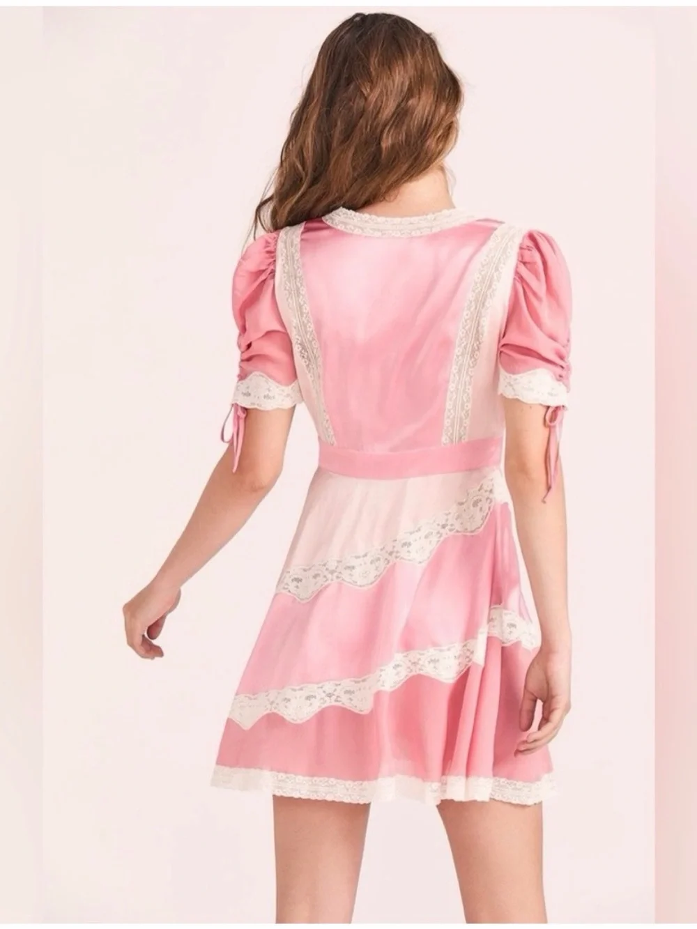 LoveShackFancy Pink Satin Lace-Trim Mini Dress - Picture 2 of 3